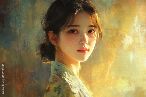 A natural and elegant portrait of a young Korean woman, glowing skin highlighted by soft directional light.