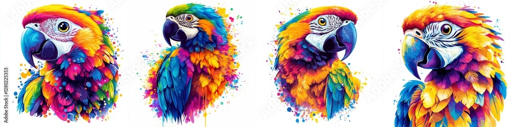 Obraz premium Colorful Macaw Parrot Portraits Artistic Renderings Digital Illustrations Arrayed Creatively Avian Art