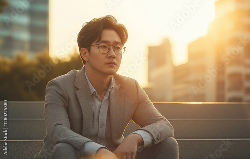 An asian man in his thirties sits on the steps of an office building, wearing glasses and a gray suit,Generative AI
