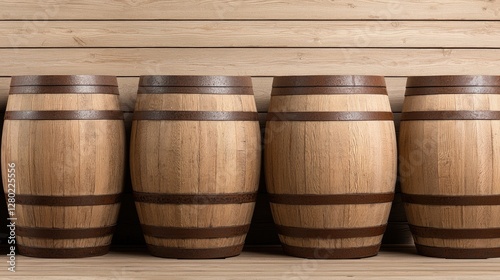 Wooden barrels lined up on a wooden wall.  Ideal for use in a product catalog, advertising, or website for wine or spirits