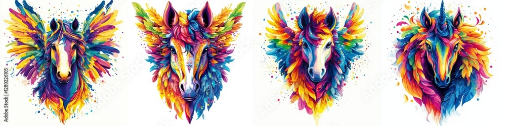 Obraz premium Colorful Pegasus Horse Head Portraits Set Against White Background Whimsical Creatures Illustration