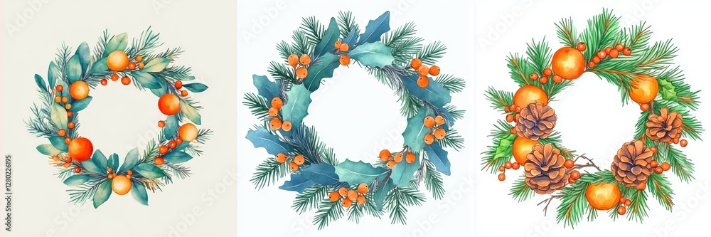 Naklejka premium Festive Circular Wreaths of Holiday Evergreens and Oranges for Christmas Decoration Design Project