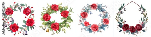 Floral Wreaths with Red Roses and Festive Silver Bells Holiday Season Celebration Designs photo