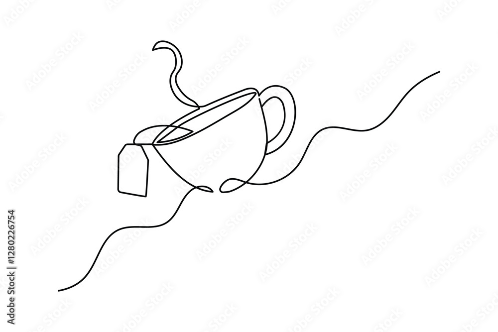 Obraz premium Coffee cup continuous single line art drawing with breakfast coffee outline vector design