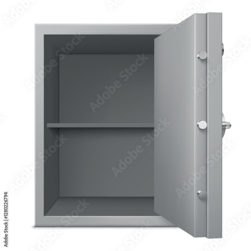 Metal safe with door wide open showcasing an empty interior ready for storage or security purposes