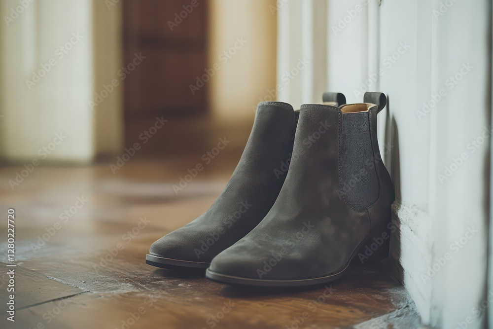 A neatly positioned pair of gray suede ankle boots with a modern, clean aesthetic. A neatly positioned pair of gray suede ankle boots with a modern, clean aesthetic.