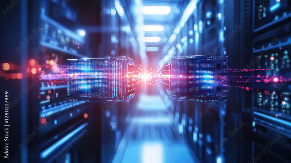 Fototapeta premium Two abstract quantum computers connected by a glowing energy beam, with a blurred futuristic lab background, representing a groundbreaking science concept.