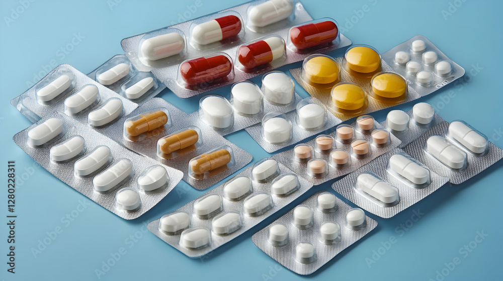 Various pills and medicine on a blue background. Various pills and medicine on a blue background.