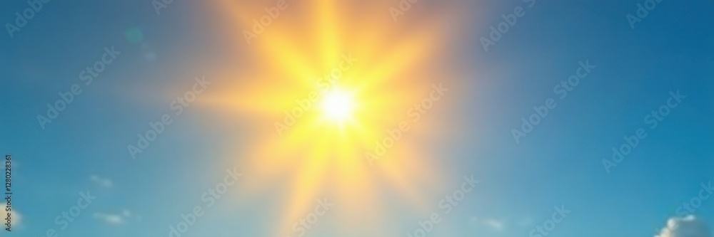 Obraz premium Bright yellow sun, radiating light beams against clear blue sky, sunny, design, radiant