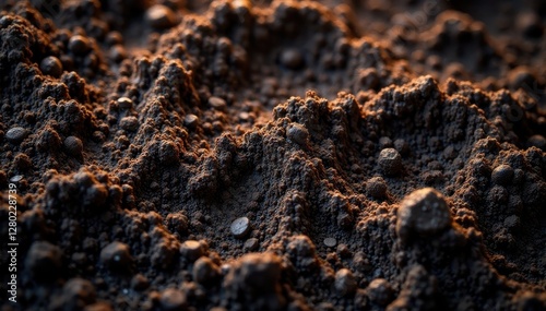 Dark brown soil surface, overhead shot, fine details, cultivation, image