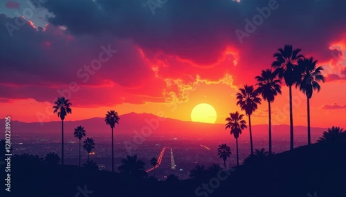 Wallpaper Mural Fiery hues paint LA's skyline, palms silhouette, coast, view, sky Torontodigital.ca