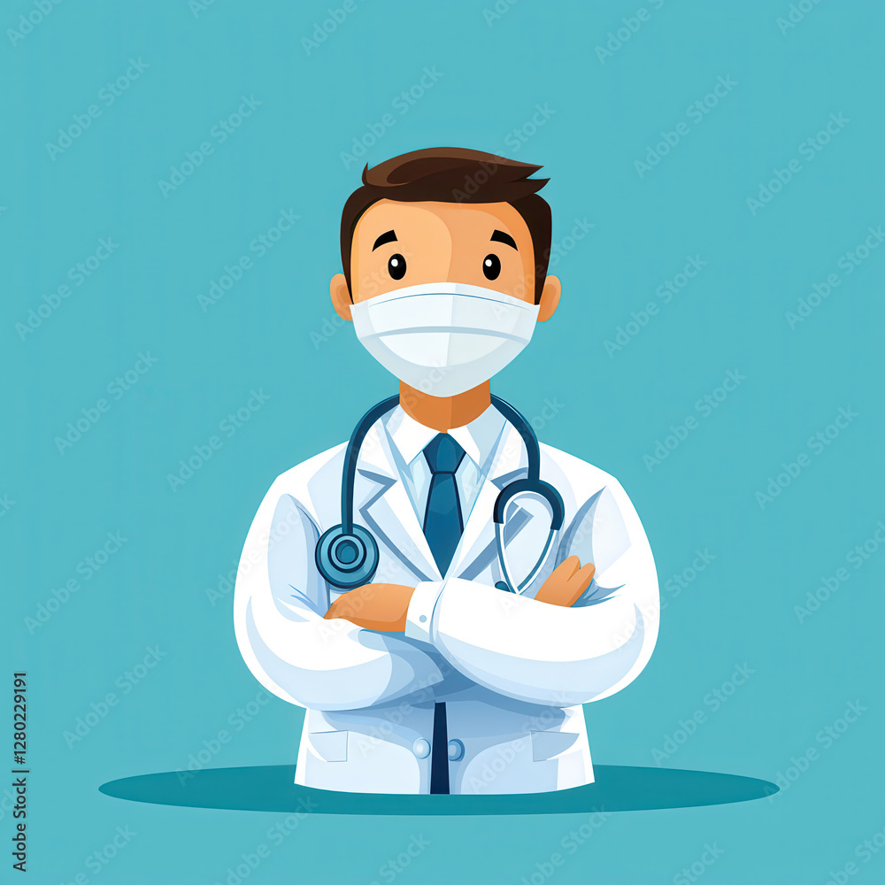 doctor in white coat with stethoscope and mask stands confidently against blue background, symbolizing medical professionalism and care doctor in white coat with stethoscope and mask stands confidently against blue background, symbolizing medical professionalism and care