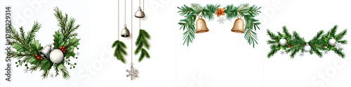 Festive Holiday Christmas Adornments and Decoration with Evergreen Branches Bells and Baubles Elements