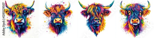 Colorful Highland Cattle Portraits Artistically Rendered with Rainbow Hues and Watercolor Textures