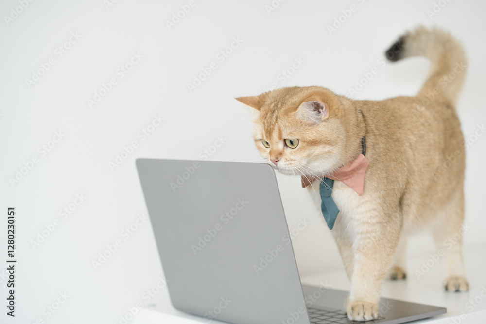 business concept with gold brittish cat costume with necktie and use laptop business concept with gold brittish cat costume with necktie and use laptop