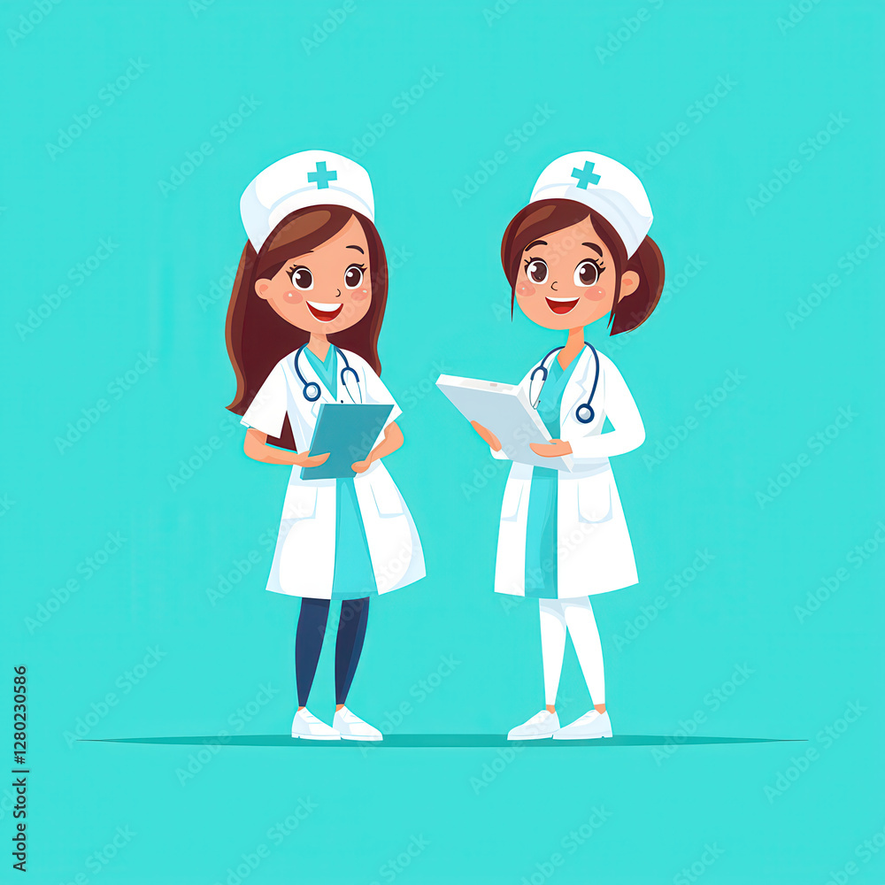 Two cartoon nurses in uniform with stethoscopes and clipboards, smiling on turquoise background Two cartoon nurses in uniform with stethoscopes and clipboards, smiling on turquoise background