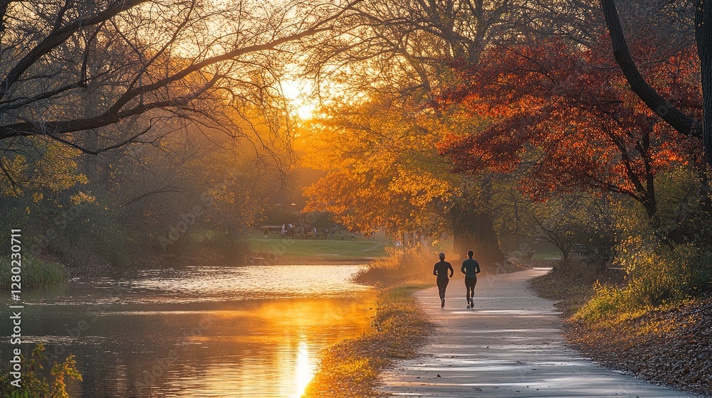 Fototapeta premium Joggers running along a scenic park trail at sunrise, warm lighting, energetic
