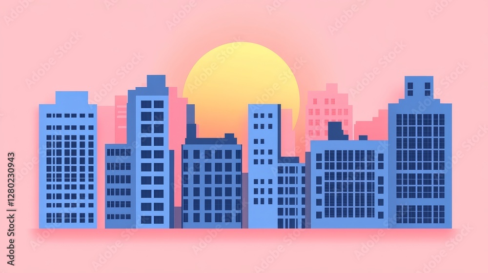 Stylized cityscape vector illustration at sunset minimal flat design building skyline construction urban background and vibrant color Stylized cityscape vector illustration at sunset minimal flat design building skyline construction urban background and vibrant color