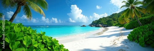 Lush vegetation  white sand beach  turquoise water   tropical island  sand