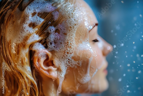 A peaceful close-up capturing the refreshing moment of a woman rinsing shampoo from her golden hair.