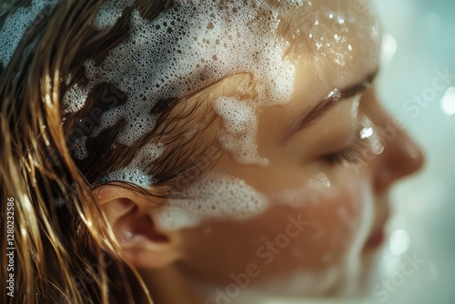 A peaceful close-up capturing the refreshing moment of a woman rinsing shampoo from her golden hair.
