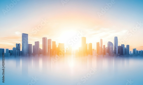 Stunning sunrise cityscape panorama; modern architecture reflected in tranquil waters, conveying growth, opportunity, and urban serenity.