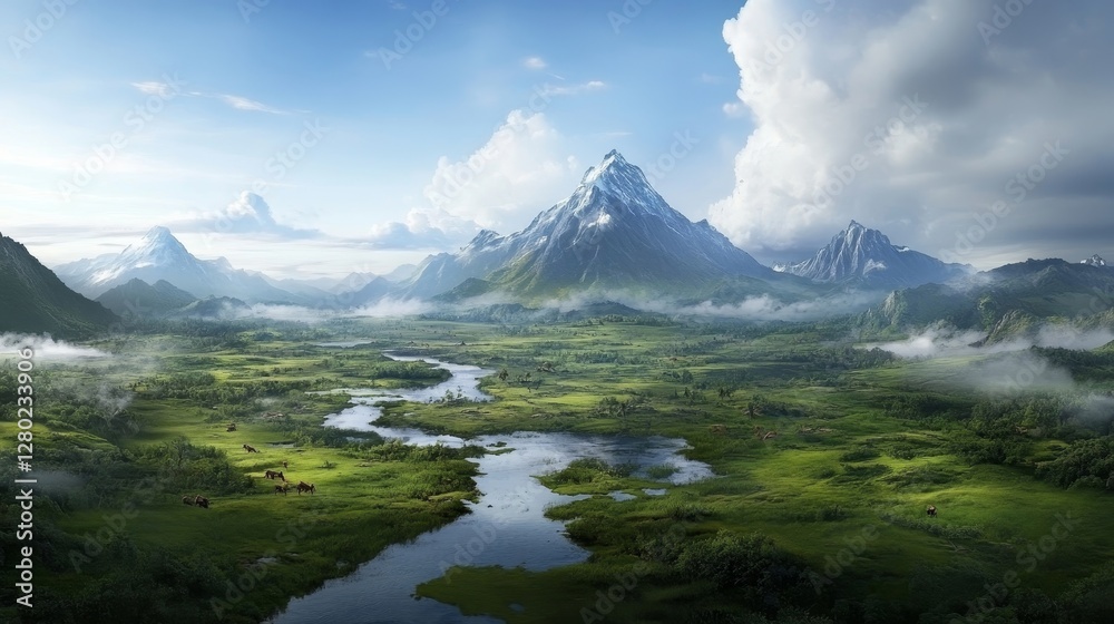 Majestic Mountain Landscape with Lush Green Valley and River Majestic Mountain Landscape with Lush Green Valley and River