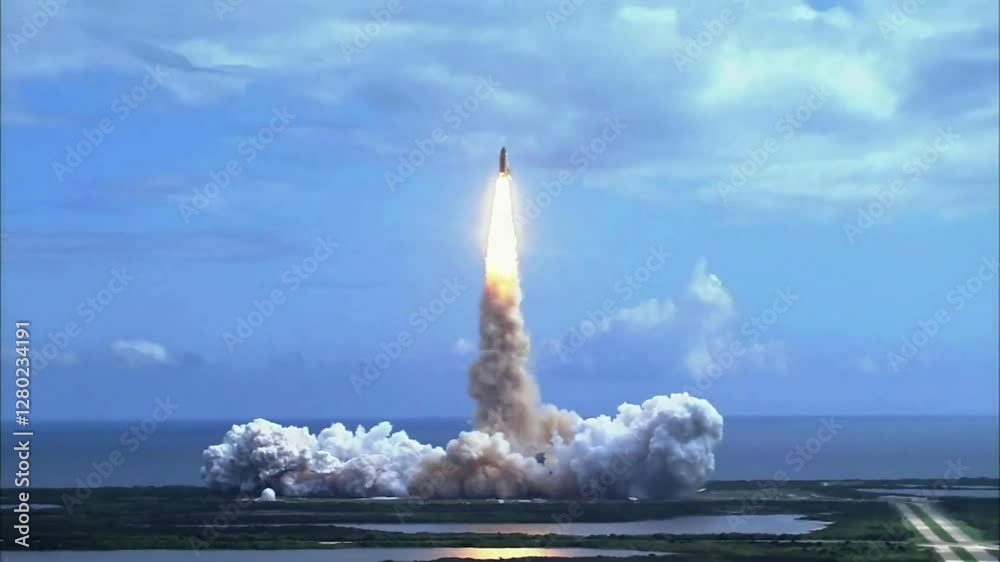 View of a space shuttle launching from a coastal location.
