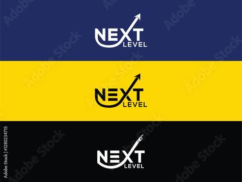 Modern next level logo design with an upward arrow, representing business growth, success, and progress, in three color variations blue, yellow, and black, suitable for branding and marketing