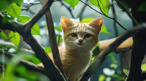 portrait of a cat  shoot from away through the branches in the garden