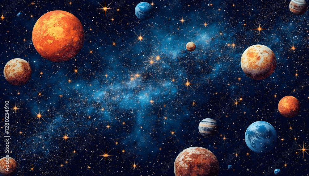 Cosmic texture of planetary rings, pearlescent hues, shimmering inclusions, gradient of deep blue and silver, astral patterns