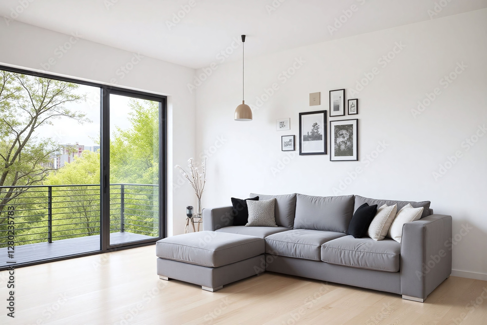 Fototapeta premium modern living room large window trees gray sofa black and white pillows