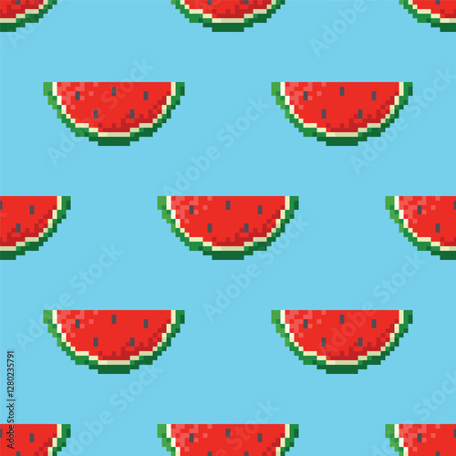 8 bit seamless pattern with watermelon slices. Background in vintage pixel style of the 90s