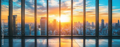 Golden Hour Cityscape: Breathtaking Sunset View from a Modern Skyscraper