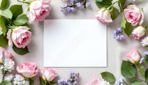 Floral arrangement, pale pink roses, lavender sprigs, white fabric backdrop