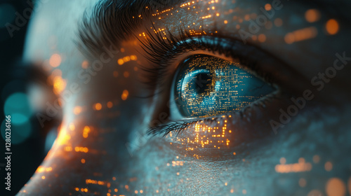 Close-up of a woman's profile with digital data overlay on her face. Futuristic, technology, and AI concepts merging human and digital elements.