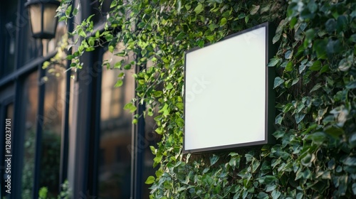 Blank square store sign on building with green foliage, ready for branding in urban environment photo