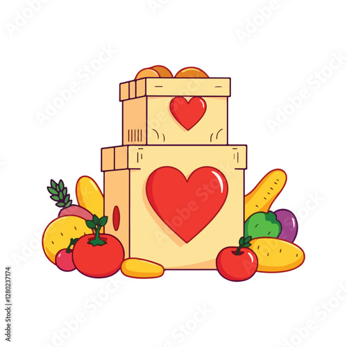 Food donations in cardboard boxes with hearts, symbolizing care and giving.