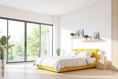 modern spacious bedroom large window yellow headboard white comforter photo