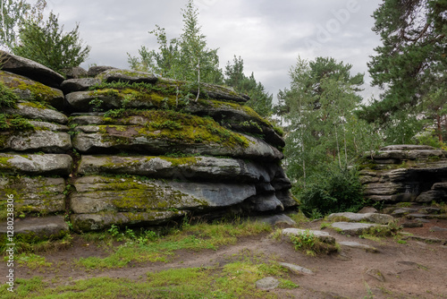 Shartash stone tents.  Granite outcrop rocks in Yekaterinburg, located near Lake Shartash. It is a geological and archaeological monument of nature  photo