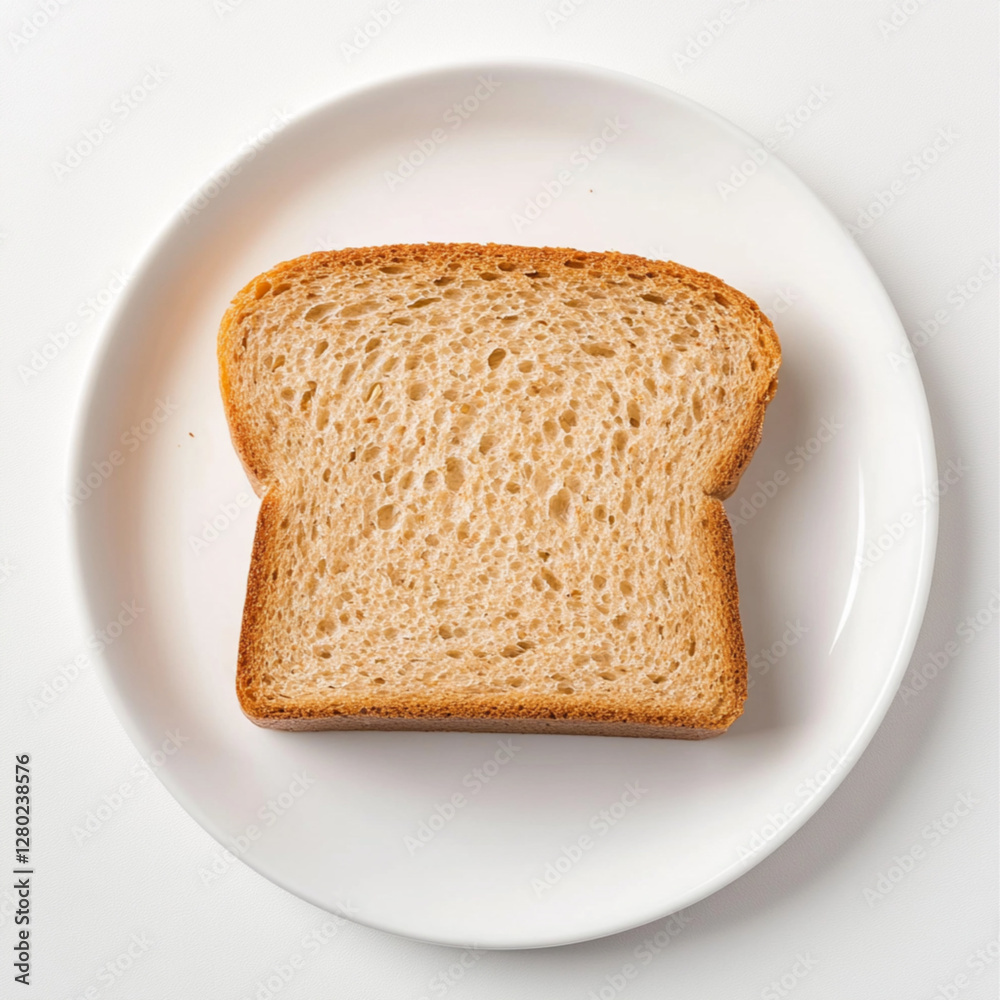 a professional studio top view photo of a whole grain slice of bread, on a white plate, on a flat pure white background. a professional studio top view photo of a whole grain slice of bread, on a white plate, on a flat pure white background.