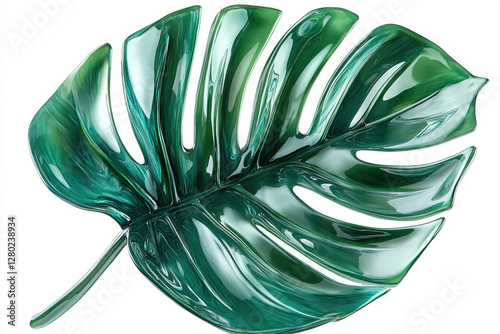 A glistening teal-green monstera leaf, artfully sculpted with detailed veins and glossy finish. photo