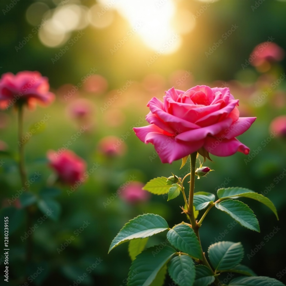 Rose stems and leaves in a wild rose bush with sunlight filtering through, landscape, plant life, horticulture Rose stems and leaves in a wild rose bush with sunlight filtering through, landscape, plant life, horticulture