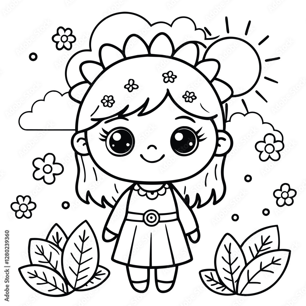 cute girl line art outline vector illustration for kids 