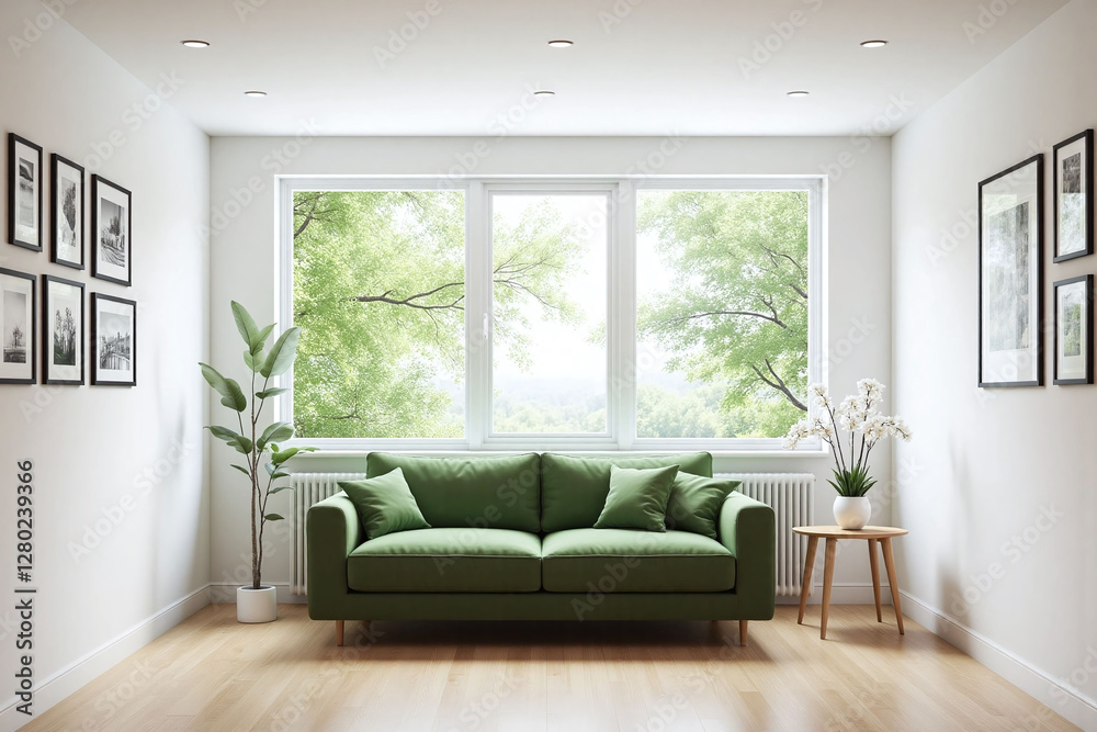Fototapeta premium modern living room large window green sofa framed pictures