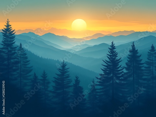Sunrise over a mountain range with forests. Possible use Stock photo