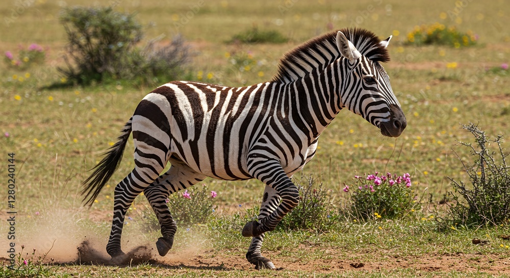 Zebra Running in African Savanna with Wildflowers and Dust Zebra Running in African Savanna with Wildflowers and Dust