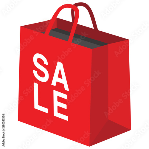 Single red on sale shopping bag with handles flat design, sale label. Carry grocery stuff inside. Vector decor illustration interface elements app icon ui ux banner web isolated on white background