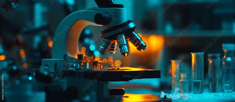 Fototapeta premium Microscope in a laboratory with test tubes.