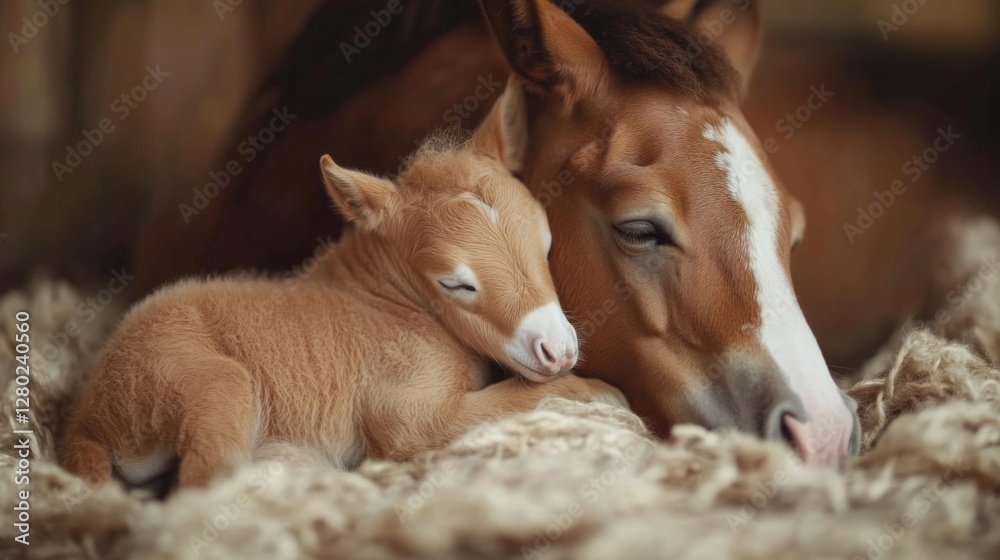 Brown Foal and Mare Sleeping Together in Hay Brown Foal and Mare Sleeping Together in Hay